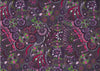 Bush Tucker after rain in NT -purple  - by Mariyne Doolan features a whimsical aboriginal design in purples, pinks, red and green with white on a dark background. 