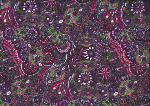 Bush Tucker after rain in NT -purple  - by Mariyne Doolan features a whimsical aboriginal design in purples, pinks, red and green with white on a dark background. 