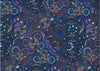 Whimsical designs in blues and purples on a navy background featuring stylized bush tucker
