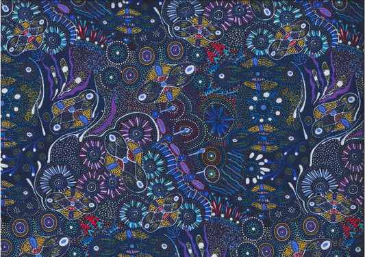Whimsical designs in blues and purples on a navy background featuring stylized bush tucker