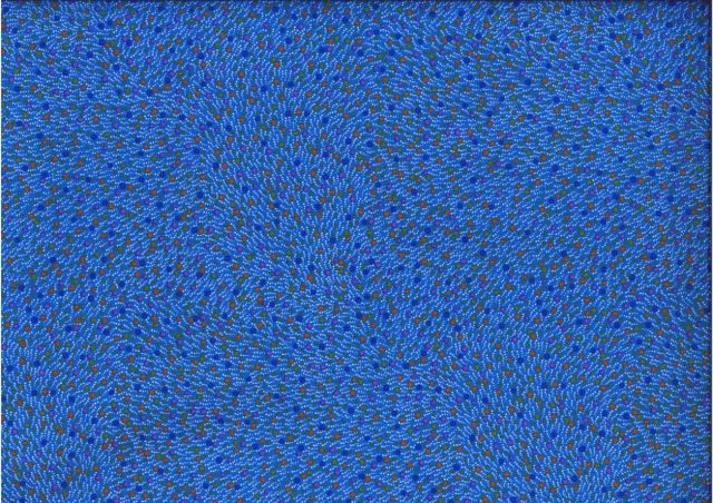 Bush Worm blue is a lovely small-scale design in blues and red dots, representing Bush Worms and their castings, just as the title says