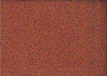 Bush Worm brown by Esmeralda Woods is a small-scale aboriginal design with little blue, yellow and red dots on a brown background, representing Bush worms and their castings, just like the title says
