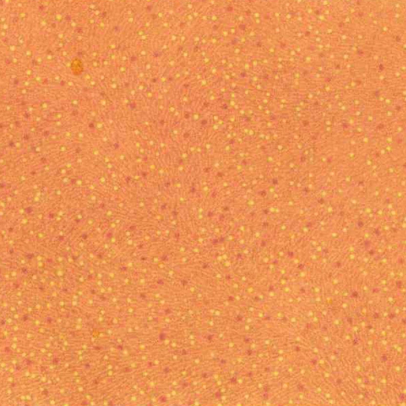 A close-up of a textured fabric featuring a warm orange base with a dense, repeating pattern of small yellow dots and subtle red accents.