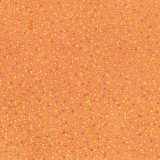 A close-up of a textured fabric featuring a warm orange base with a dense, repeating pattern of small yellow dots and subtle red accents.