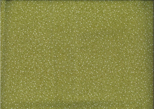 Bush Worm olive by Esmeralda Woods is a small-scale aboriginal design with little white dots on an olive background, representing Bush worms and their castings, just like the title says.