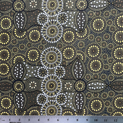 Campsite olive is a striking design in soothing shades of olive, taupe and soft yellow with white circle accents by Aboriginal Artist Bernadine Wallace.