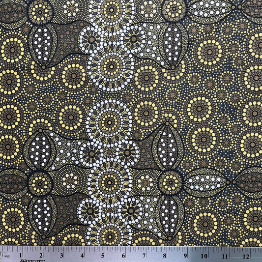 Campsite olive is a striking design in soothing shades of olive, taupe and soft yellow with white circle accents by Aboriginal Artist Bernadine Wallace.