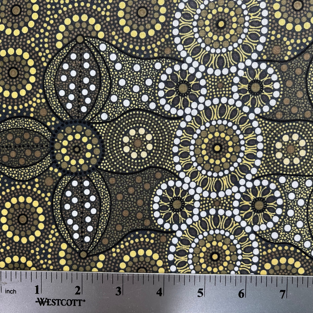 Campsite olive fine cotton fabric designed by Aboriginal Artist Bernadine Wallace