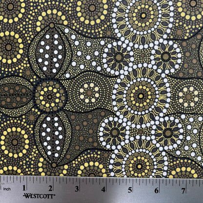 Campsite olive fine cotton fabric designed by Aboriginal Artist Bernadine Wallace