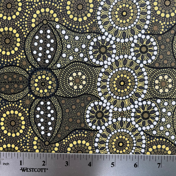 Campsite olive fine cotton fabric designed by Aboriginal Artist Bernadine Wallace