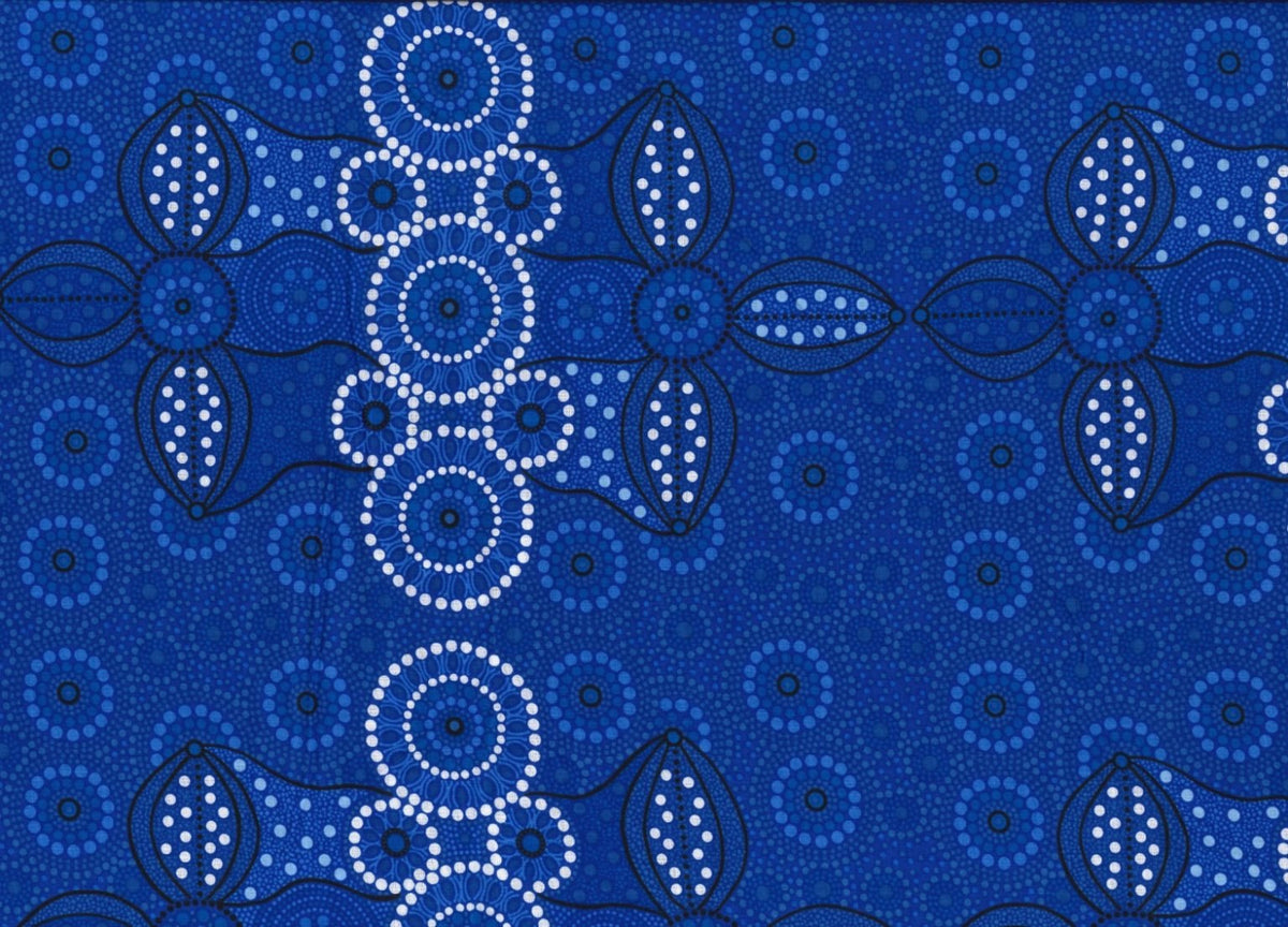 &nbsp;Campsite blue is a striking design in several brilliant shades of blue with white circle accents by Aboriginal Artist Bernadine Wallace.