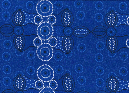 &nbsp;Campsite blue is a striking design in several brilliant shades of blue with white circle accents by Aboriginal Artist Bernadine Wallace.