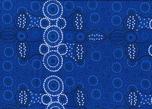 &nbsp;Campsite blue is a striking design in several brilliant shades of blue with white circle accents by Aboriginal Artist Bernadine Wallace.