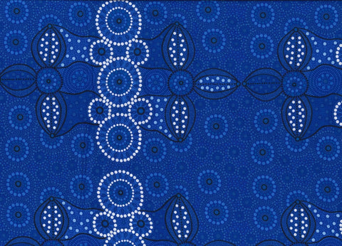 &nbsp;Campsite blue is a striking design in several brilliant shades of blue with white circle accents by Aboriginal Artist Bernadine Wallace.