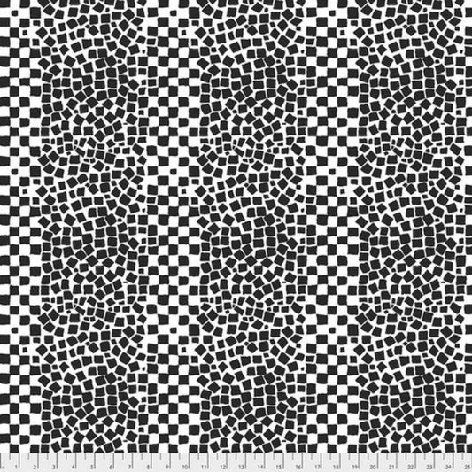 A large-ish design of black mosaic pieces on a white background. Looking at the arrangements, know that the "stripes" of black and white mosaics running parallel to the selvedge are 2.5" wide, the individual mosaic pieces in the stripes are about 0.5" square.  