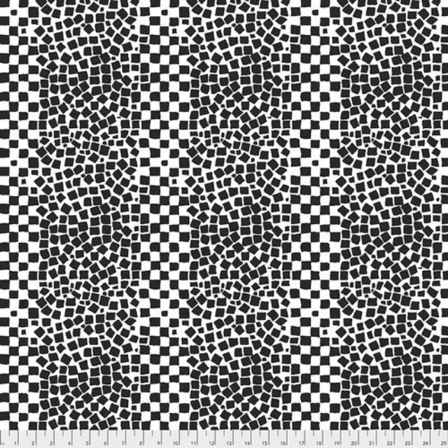 A large-ish design of black mosaic pieces on a white background. Looking at the arrangements, know that the "stripes" of black and white mosaics running parallel to the selvedge are 2.5" wide, the individual mosaic pieces in the stripes are about 0.5" square.  