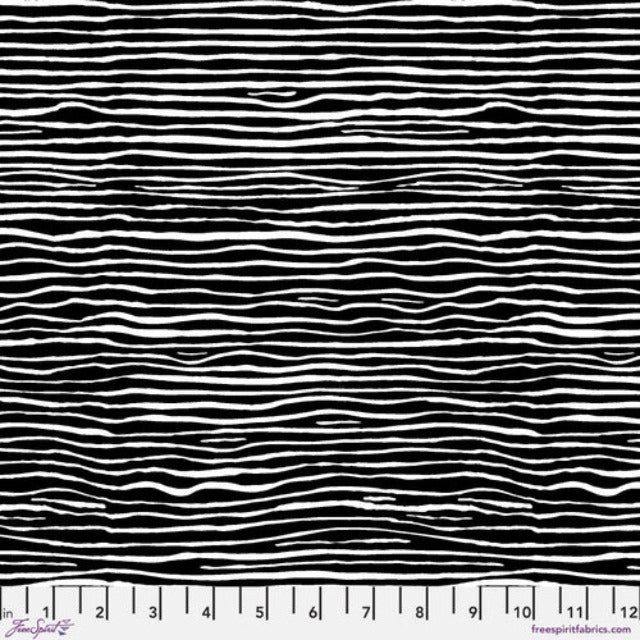 A striking black and white design with uneven parallel lines.