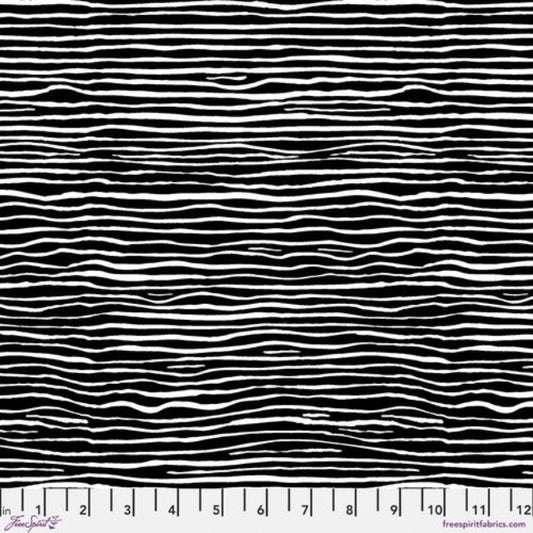 A striking black and white design with uneven parallel lines.