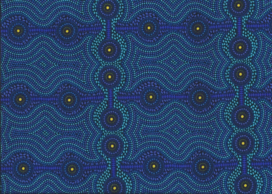 Desert Landscape blue Australian fabric by aboriginal Artist Roseanne Ellis is a geometric  design in multiple shades of blue.