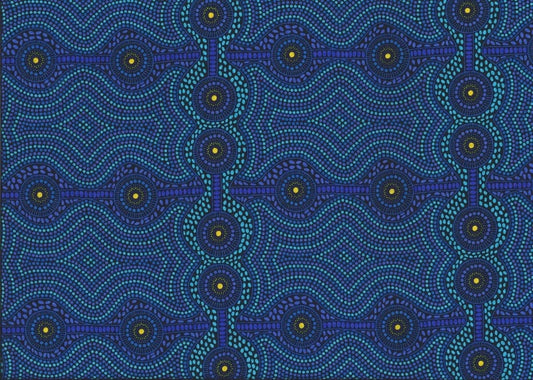 Desert Landscape blue Australian fabric by aboriginal Artist Roseanne Ellis is a geometric  design in multiple shades of blue.