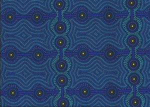 Desert Landscape blue Australian fabric by aboriginal Artist Roseanne Ellis is a geometric  design in multiple shades of blue.
