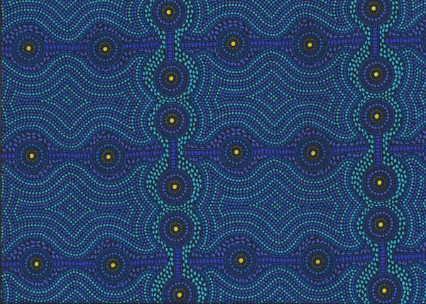 Desert Landscape blue Australian fabric by aboriginal Artist Roseanne Ellis is a geometric  design in multiple shades of blue.