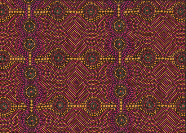 Desert Landscape brown Australian fabric by aboriginal Artist Roseanne Ellis is a geometric  design in multiple shades of brown.