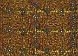 Desert Landscape yellow Australian fabric by aboriginal Artist Roseanne Ellis is a geometric  design in multiple shades of yellow, brown and orange.