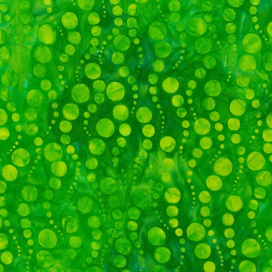 Dottie - Lime is a bubbly design in lime green on a leaf green background, featuring rising bubbles in a wavy pattern. 