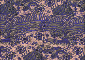 Dreaming Bush Plum Gold fabric by renowned Aboriginal artist Janet Long Nakamarra, features prominent purple indigenous designs outlined in black against a pastel rose backdrop. 