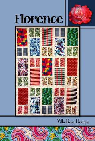 Florence Quilt Pattern is a perfect showcase for large and medium scale fabrics, using Fat Quarters and a unifying lattice of sashings from a small scale background fabric.