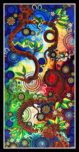 The Frog Dreaming Panel was created by Australian indigenous artist Chern'ee Sutton, depicting &nbsp;a frogs sitting on branches, surrounded by rainbow snakes.