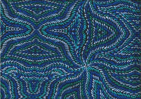 Honey Flowers blue by Tanya Price is an aboriginal design in lively shades of blue and turquoise on a dark background.