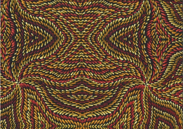Honey Flowers blue by Tanya Price is an aboriginal design in warm shades of yellows, tans, golds and browns on a dark background. 
