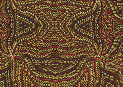 Honey Flowers blue by Tanya Price is an aboriginal design in warm shades of yellows, tans, golds and browns on a dark background. 