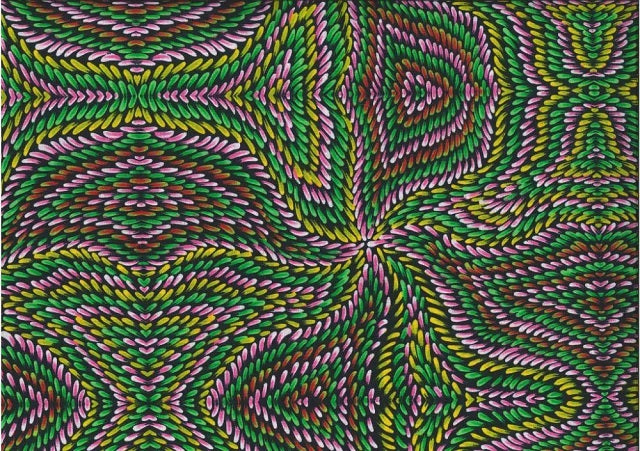 Honey Flowers pink by Tanya Price is an aboriginal design in warm shades of pinks, greens and rust on a dark background.