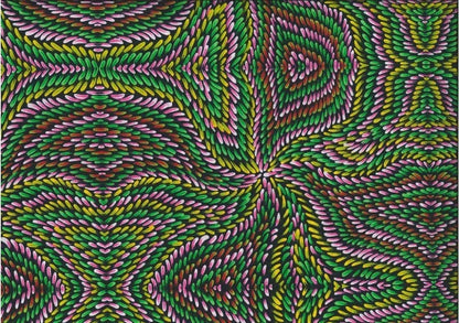 Honey Flowers pink by Tanya Price is an aboriginal design in warm shades of pinks, greens and rust on a dark background.