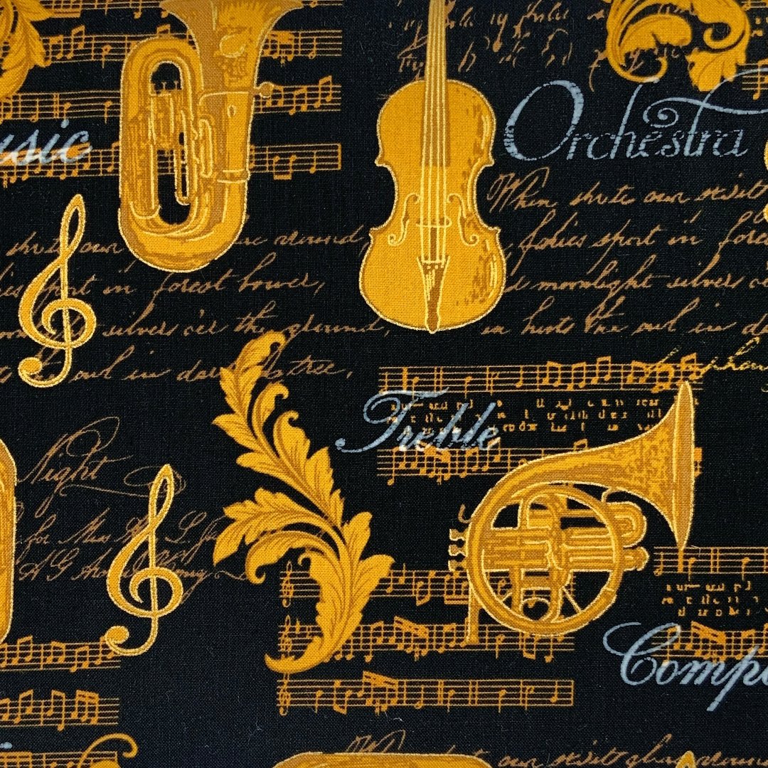 A musical design in black, white and gold. Some fabrics do not photograph as they actually look.