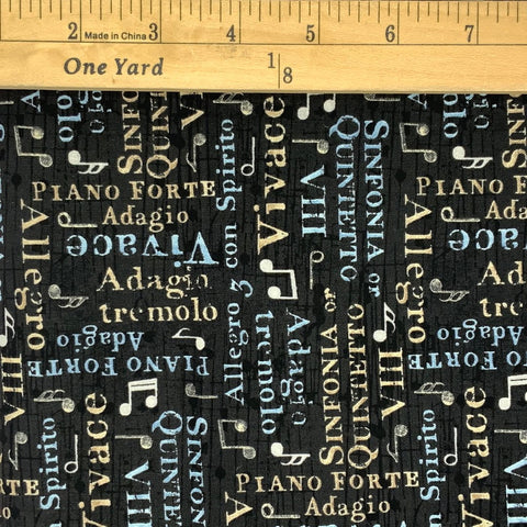 A musical design in black, white, beige and blue. Some fabrics do not photograph as they actually look.