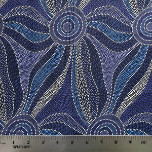 Blue and white patterned fabric with a ruler for scale