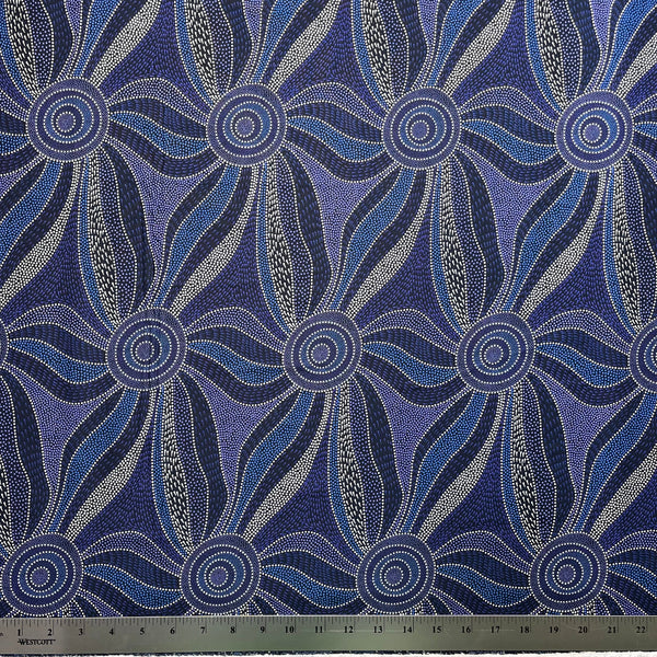 Patterned fabric with blue and white design on a ruler for scale