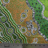  Aboriginal art pattern with a lizard design on fabric, featuring a ruler at the bottom for scale.