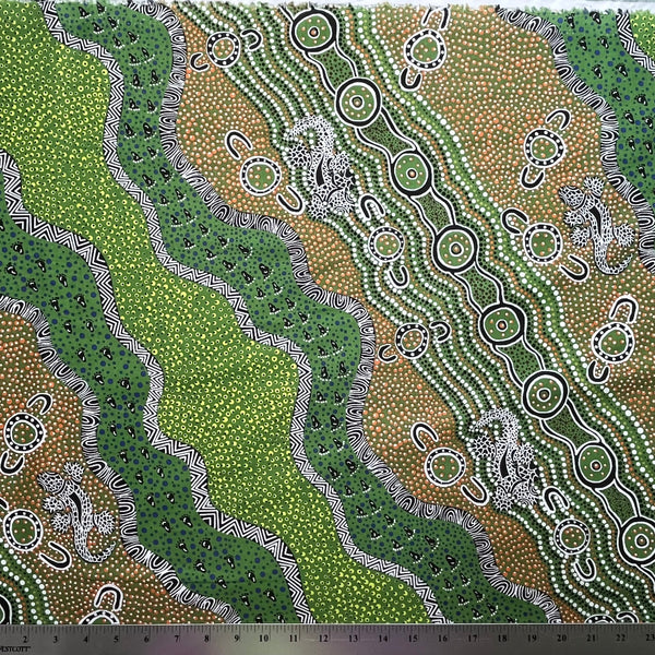 Heather's design portrays how the Goanna is hunting for its food in the Aboriginal Habitat, a green background with yellow and lime dots, and black and white decorations.