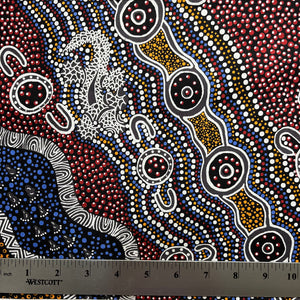 Heather's design portrays how the Goanna is hunting for its food in the Aboriginal Habitat, a black background with yellow, brick red and blue dots, and black and white decorations.