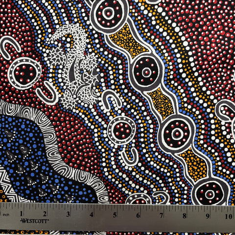 Heather's design portrays how the Goanna is hunting for its food in the Aboriginal Habitat, a black background with yellow, brick red and blue dots, and black and white decorations.