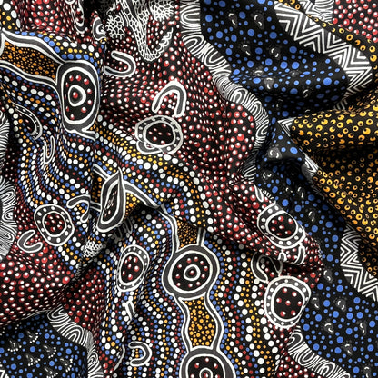 Heather's design portrays how the Goanna is hunting for its food in the Aboriginal Habitat, a black background with yellow, brick red and blue dots, and black and white decorations.