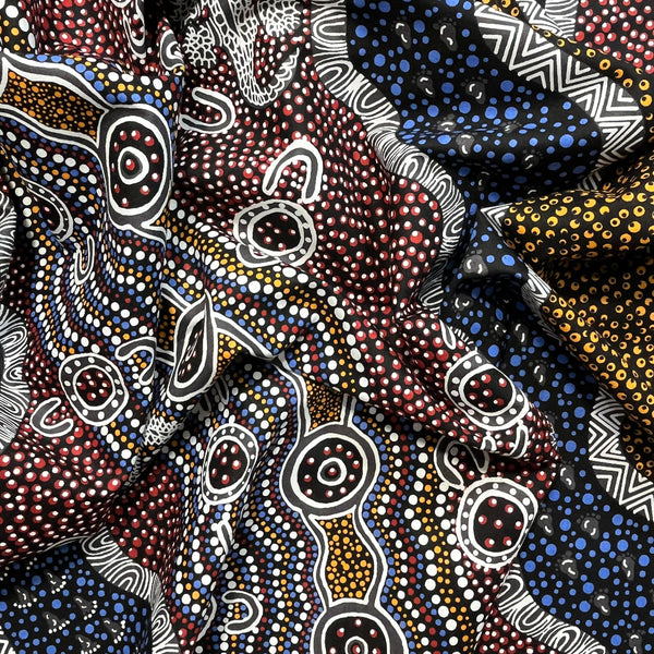 Heather's design portrays how the Goanna is hunting for its food in the Aboriginal Habitat, a black background with yellow, brick red and blue dots, and black and white decorations.