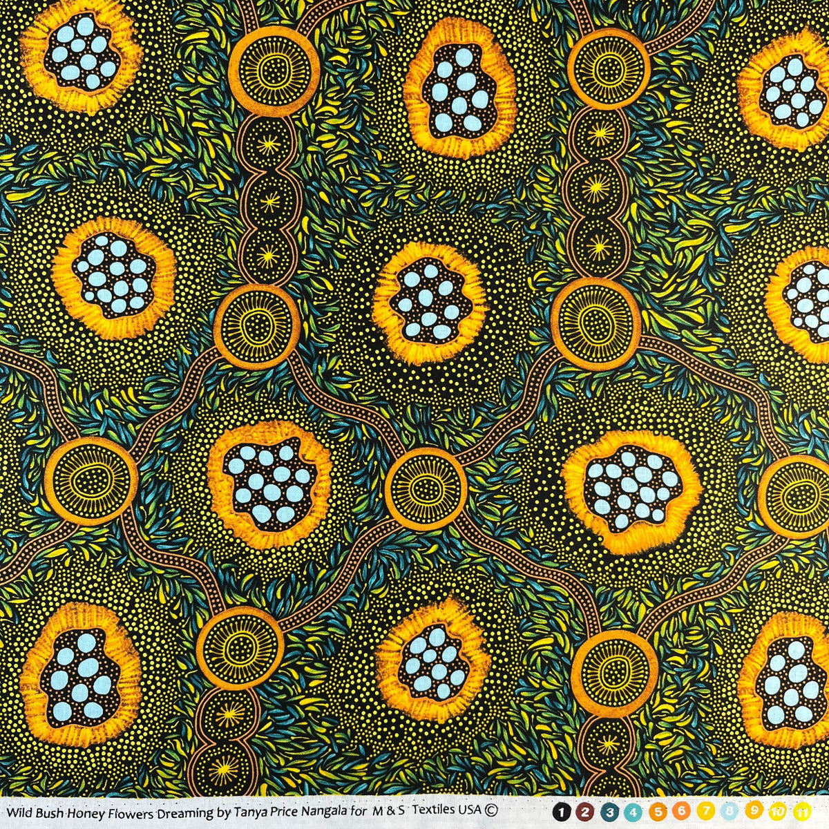 A close-up of a patterned fabric with a ruler on the left and top edges showing measurements. The fabric features a vibrant, Aboriginal dot-art style design with yellow-orange circular motifs containing light blue dots, green and yellow leafy patterns, and brown winding lines on a dark background.