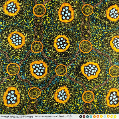 A close-up of a patterned fabric with a ruler on the left and top edges showing measurements. The fabric features a vibrant, Aboriginal dot-art style design with yellow-orange circular motifs containing light blue dots, green and yellow leafy patterns, and brown winding lines on a dark background.