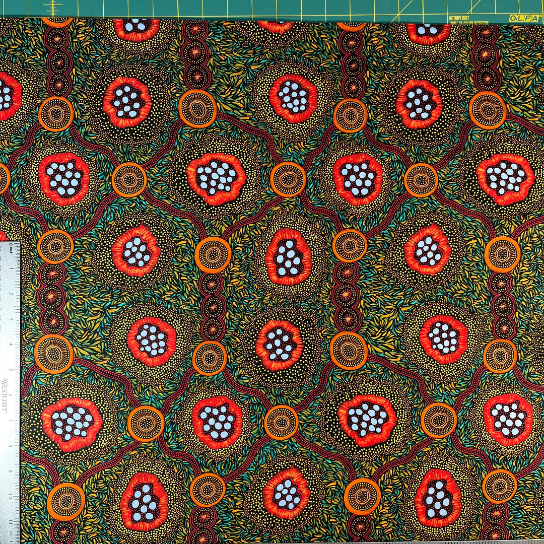A close-up of patterned fabric with a ruler along the top and left edges for scale. The fabric has a black background covered in dense yellow and green leaf-like dots, with three large circular floral or abstract medallion motifs in red, orange, and light blue.